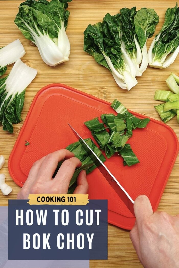 How to cut bok choy for stir fry, soup, and salads with various sizes of pak choi over a red color cutting board