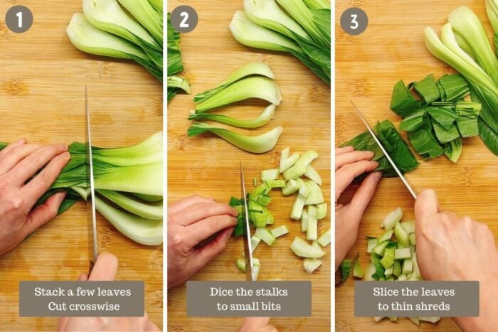 Photo shows how to dice and chop the bok choy to bite sizes