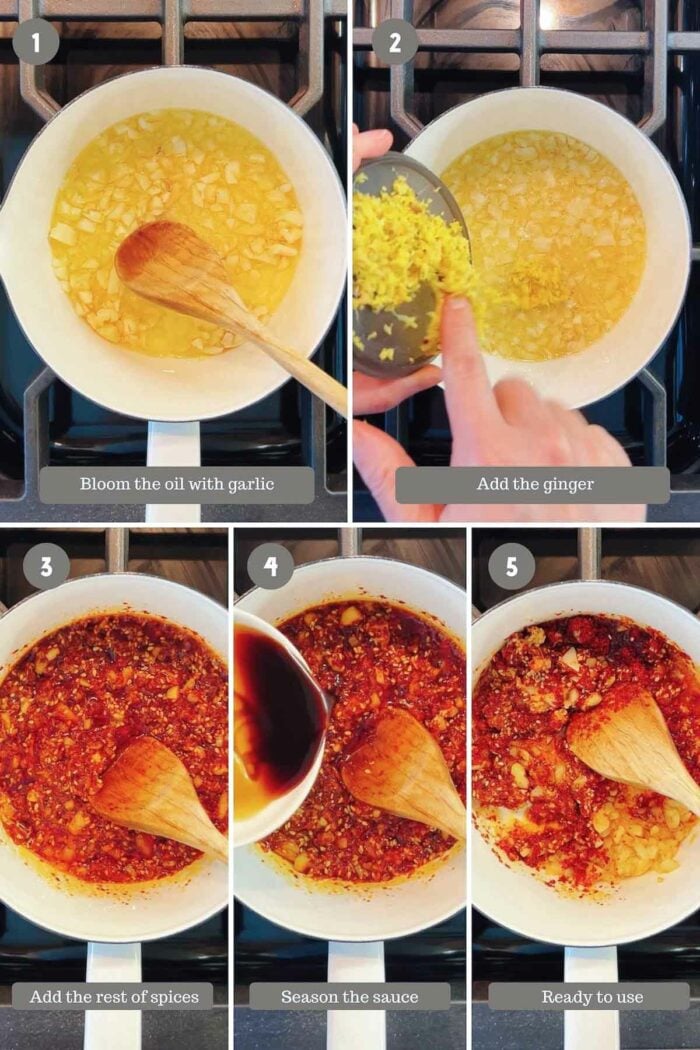 Step-by-step photo shows how to make the chili paste sauce at home