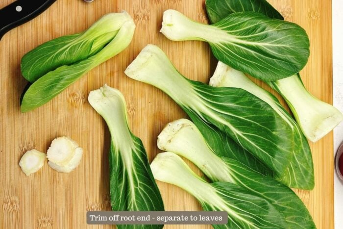 Photo shows how to slice bok choy and separate it to leaves