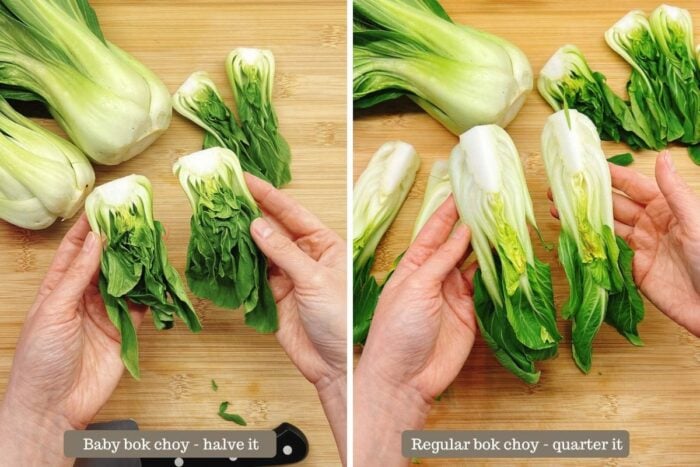 Correct way of cutting bok choy based on their sizes to either half or quarter