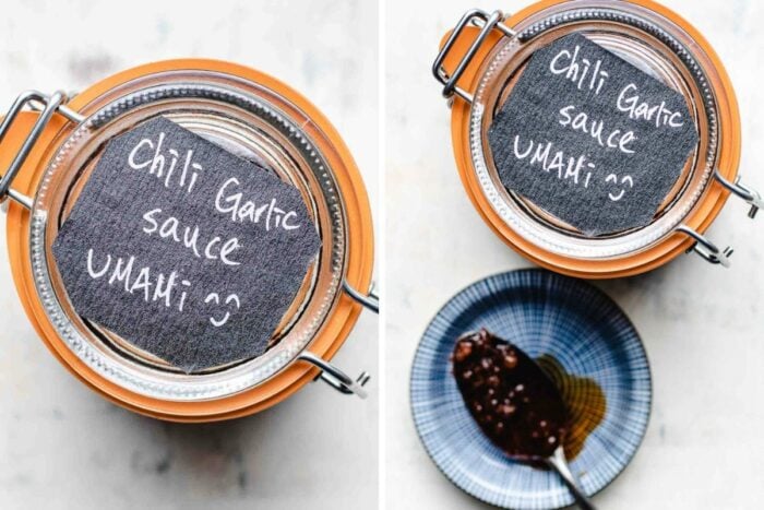 Bottled chili sauce in a glass jar with label on top of the jar