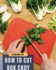 An cover image shows cutting the bok choy on a red color cutting board with a knife