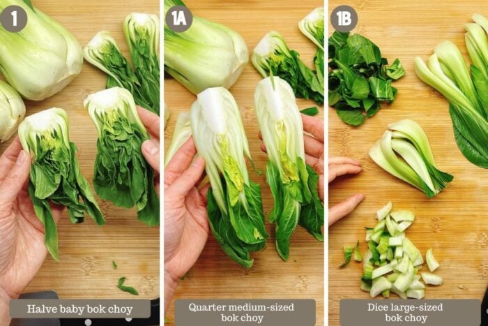 Photo shows 3 different ways of cutting bok choy to halve, quarter, or diced