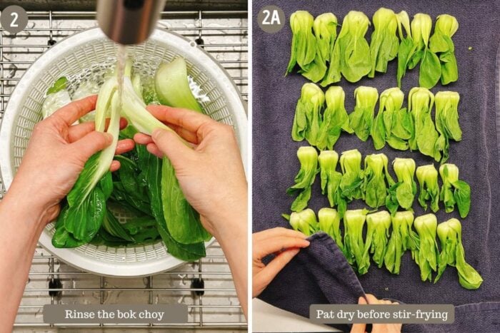Photo shows how to wash bok choy and pat drying bok choy before stir fry