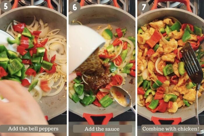 A step-by-step photo shows adding in the bell peppers, sha cha sauce, and the chicken in a pan to saute together