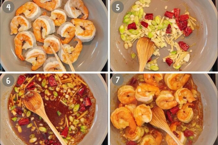 Step-by-step photo shows how to make the Chinese stir-fry shrimp