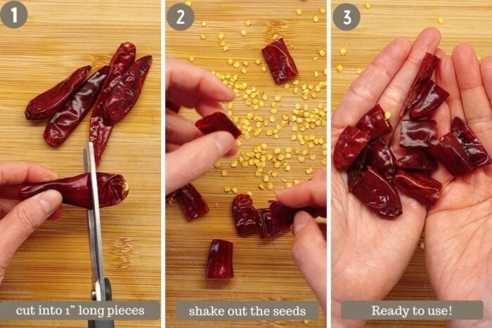 How to shows how to remove the chili seeds from Chinese dried red chili pepper by cutting it open with kitchen shears