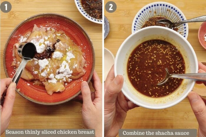 A step-by-step photo shows seasonings the chicken and make the sha cha stir-fry sauce preparations