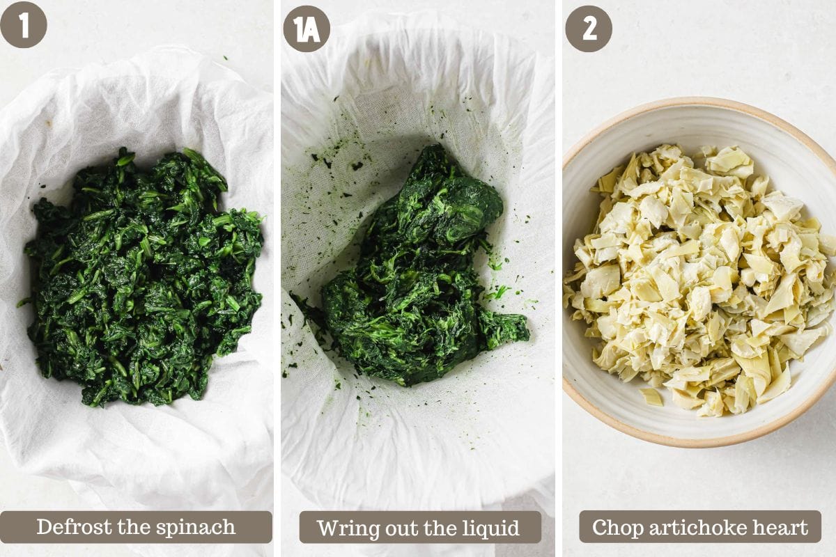 Photo shows spinach wring out the water and artichoke heart chopped in a bowl