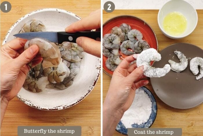 Photo shows preparing and coating the shrimp before shallow frying