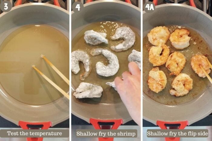 Photo shows testing the oil temperature and shallow fry the shrimp until golden brown