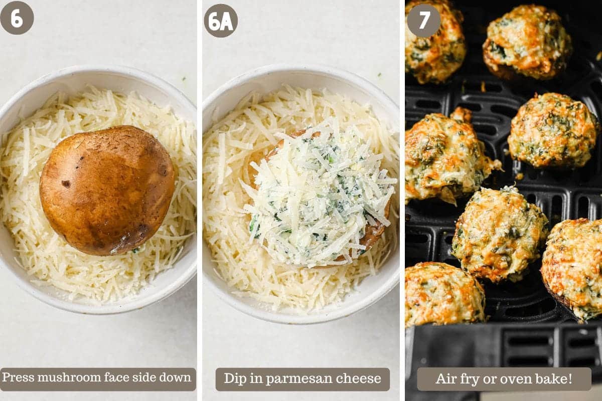 Photo shows dip the mushrooms into shredded parmesan cheese and air fry or bake