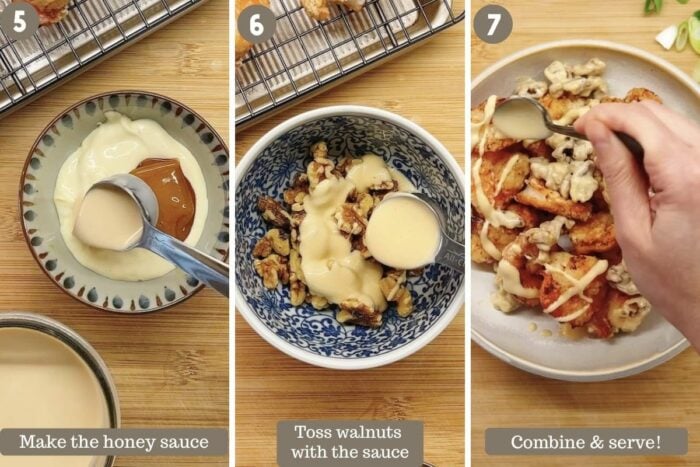 Photo shows making the honey sauce with condensed milk and sweeten the walnuts before assembly the dish