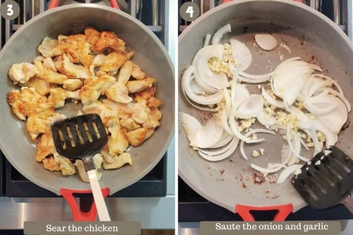 A step-by-step photo shows searing the chicken and saute the onions and garlic in a pan