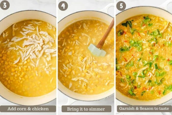 A step by step show shows how to make chinese corn chicken soup