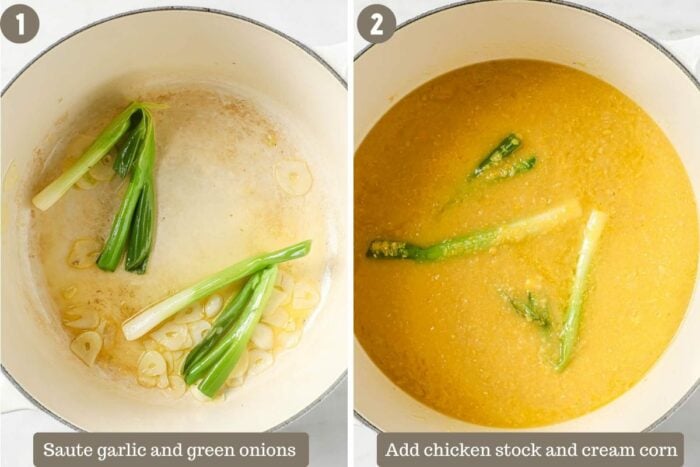 A step by step shot shows how to make corn soup with chicken