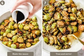 Split image: Left side shows a hand pouring soy maple sauce over roasted Brussels sprouts in a bowl; right side shows these Asian brussel sprouts coated in sauce and sesame seeds, being served with a spoon.