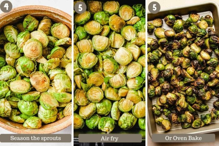 Photo shows the steps for seasoning the sprouts and air fry or bake