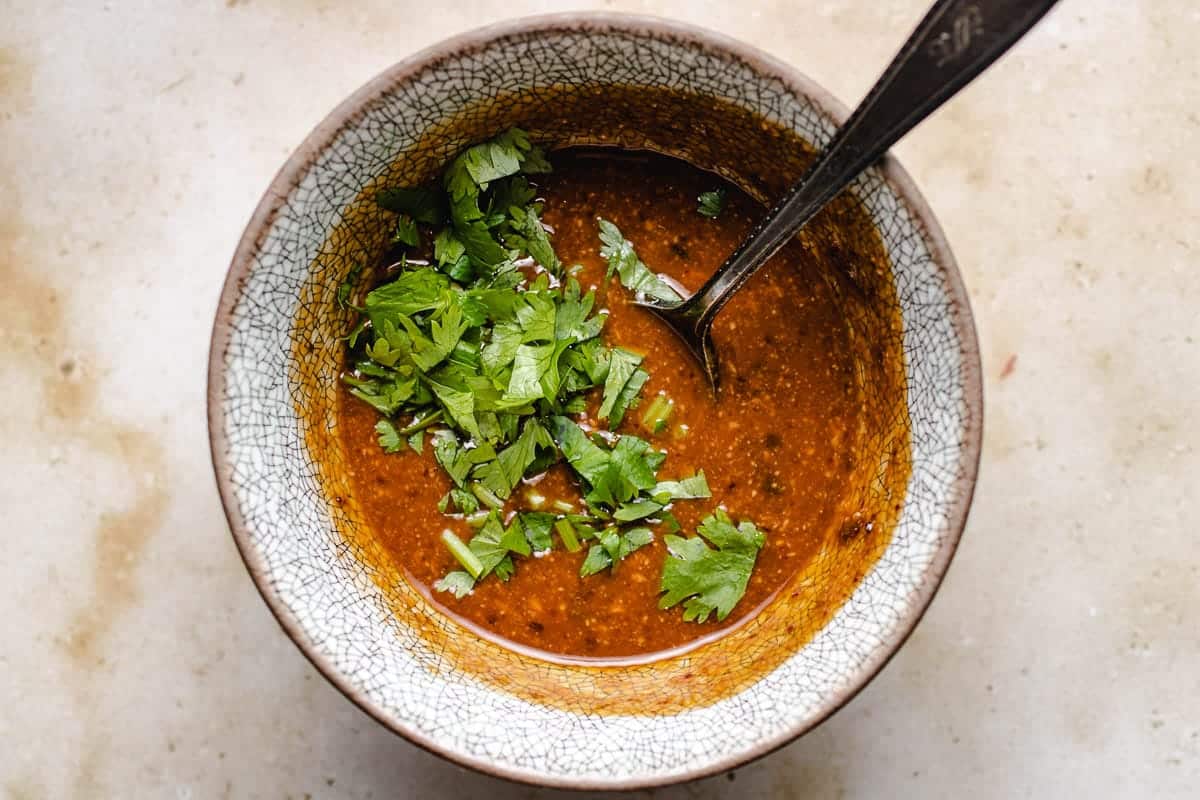 A close shot sauce the dipping peanut sauce in a bowl