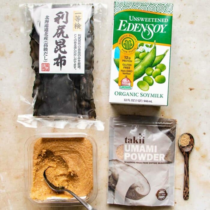 Photo shows base ingredients needed to make miso vegan broth for hot pot