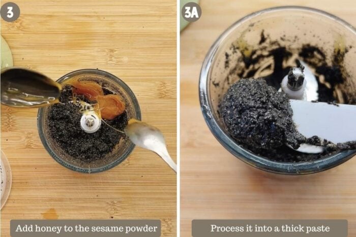 Photo shows adding honey to black sesame powder and grind them into a thick paste