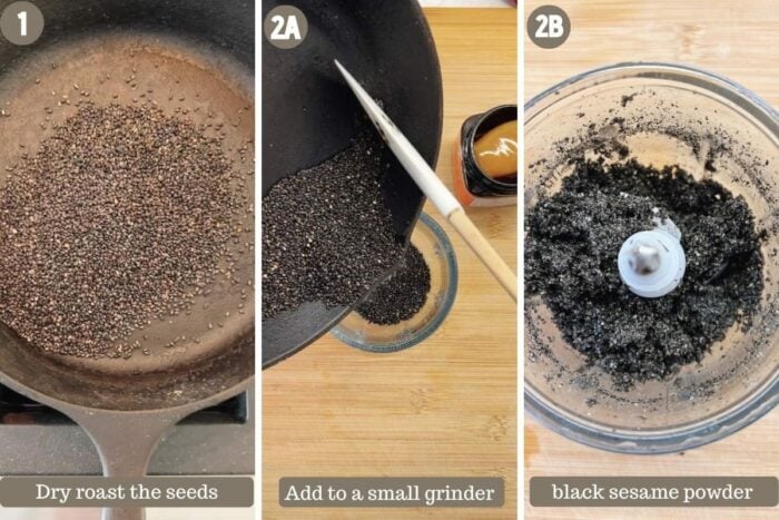 Photo shows dry roasting black sesame seeds and grind them to a powder