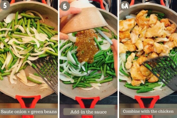 Photo shows sauteing the green beans with onion and add the stir fry sauce with chicken