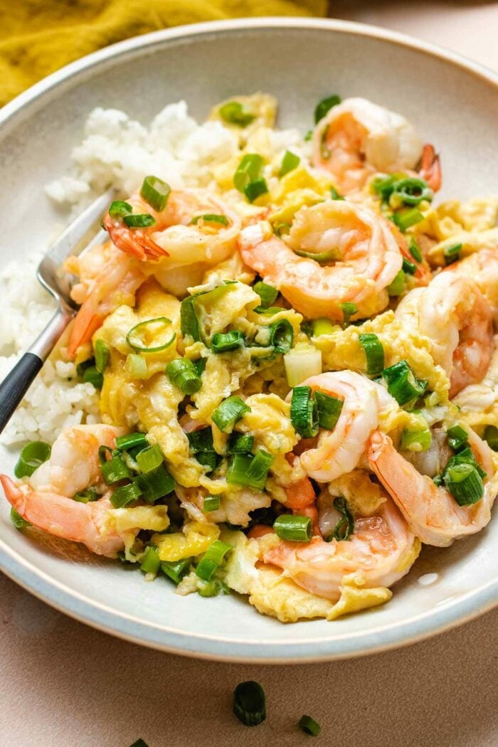 A side close shot shows serving the shrimp eggs over a plate of white rice