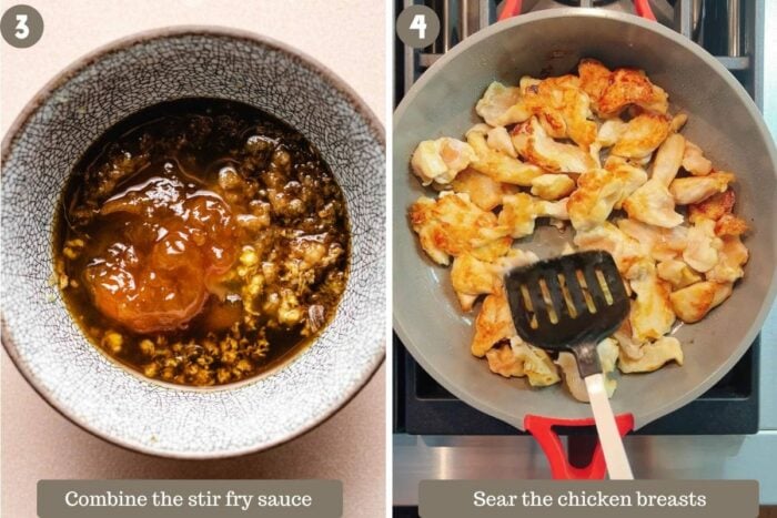 photo shows preparing the stir-fry sauce and pan sear the chicken breasts