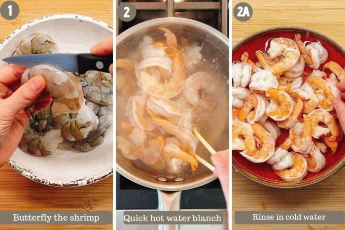 Steps showing how to poach the shrimp