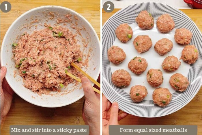 Photo shows mix the ground pork and form into meatballs