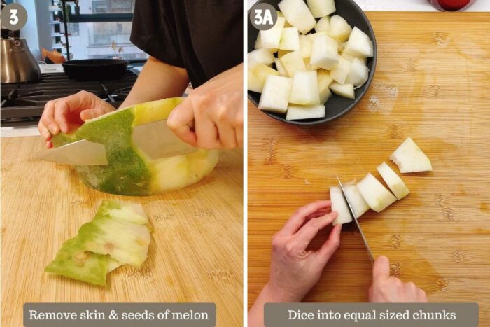photo shows remove the winter melon skin and dice into smaller chunks