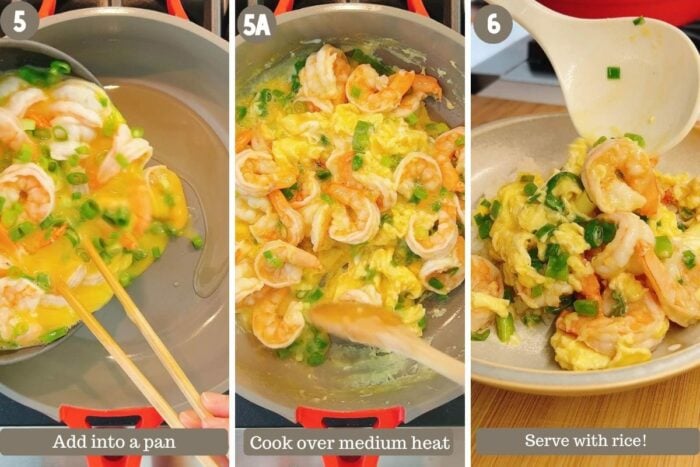 Steps showing gently scramble the eggs with shrimp