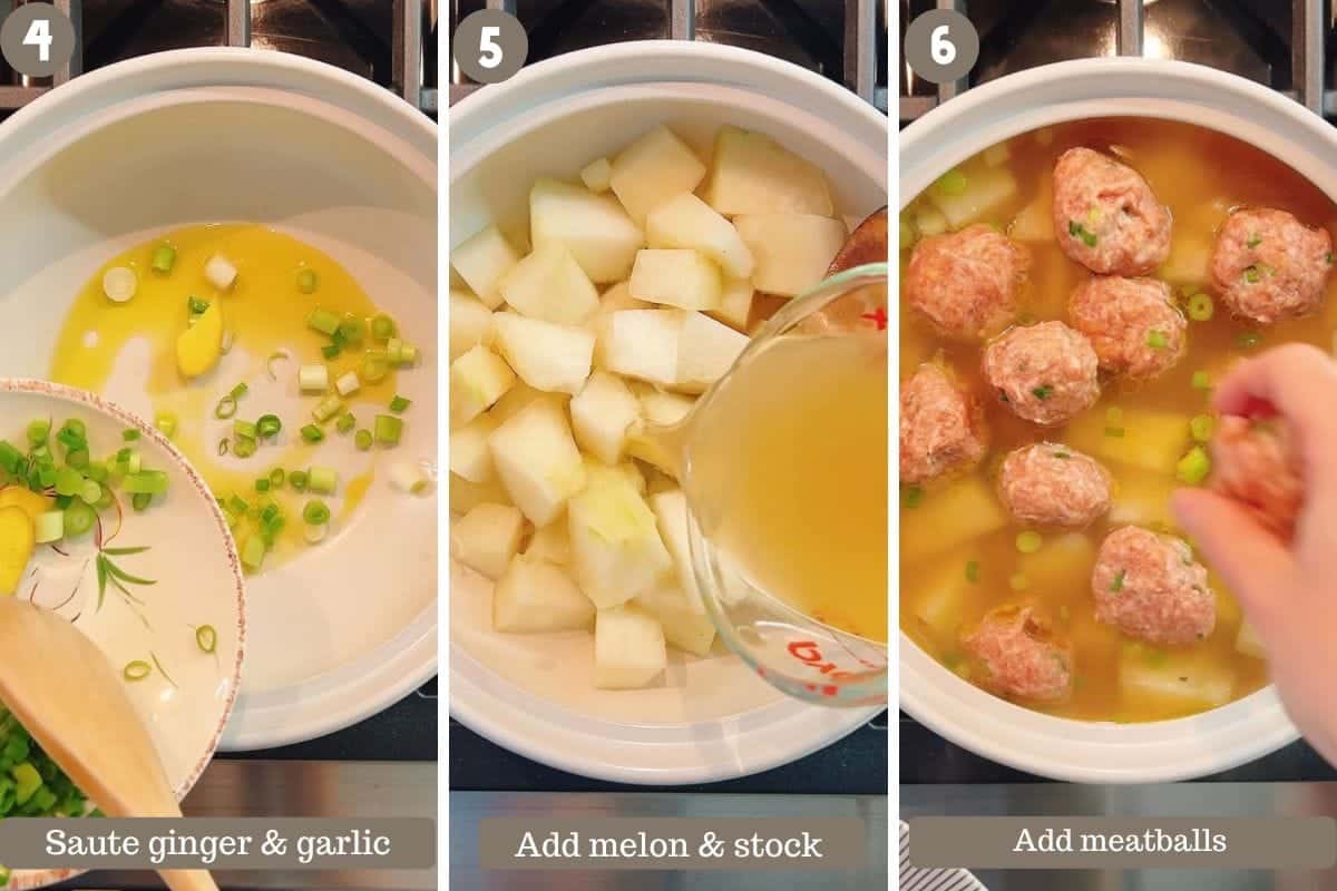 Photo shows saute ginger garlic, add melon with stock, and add meatballs to the soup pot