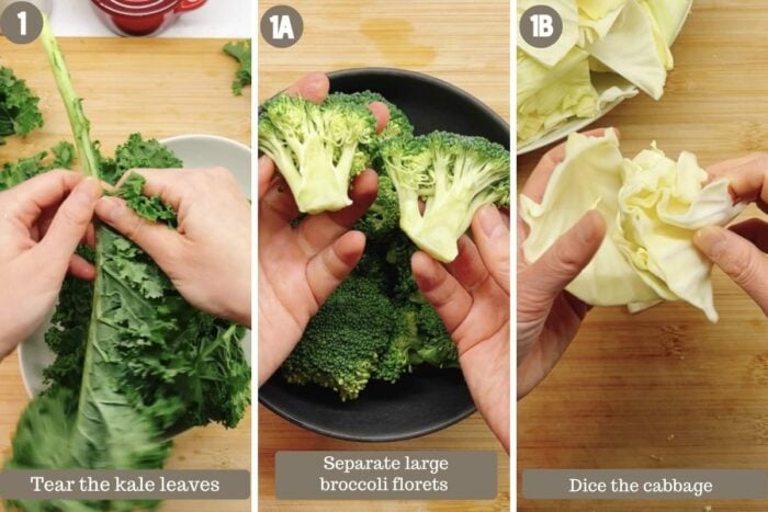 Photo shows preparing kale leaves, broccoli, and Taiwanese cabbage before cooking