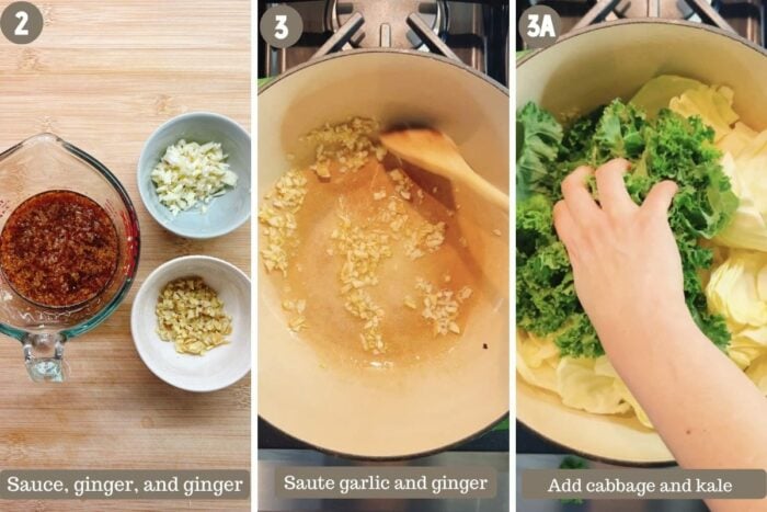 Photo shows preparing the sauce, saute garlic and ginger, and adding the kale and cabbage to a large Dutch oven pot