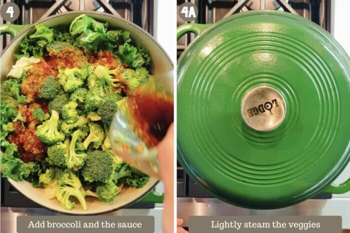 Photo shows adding the broccoli florets, sauce, and close with a lid to steam the vegetables