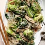 A close shot shows kelp noodles cooked with bok choy and shiitake mushrooms served on a white plate