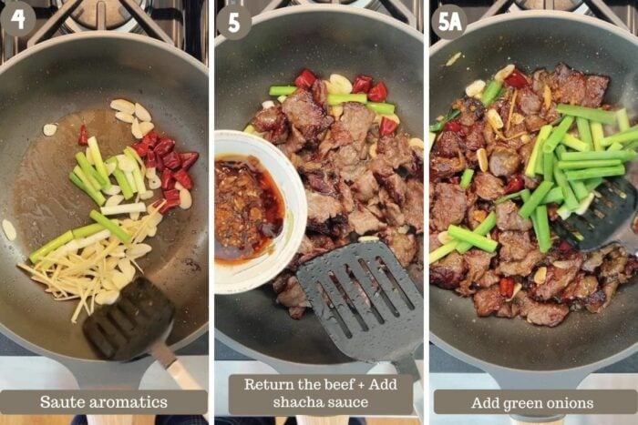 Step shot shows saute aromatics, sear the beef and add sha cha sauce to the pan