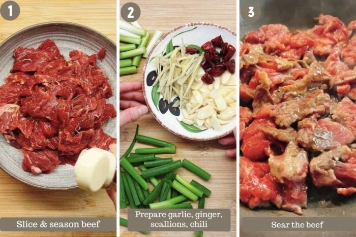 Step shots shows seasoning the beef, prepare aromatics, and sear the beef