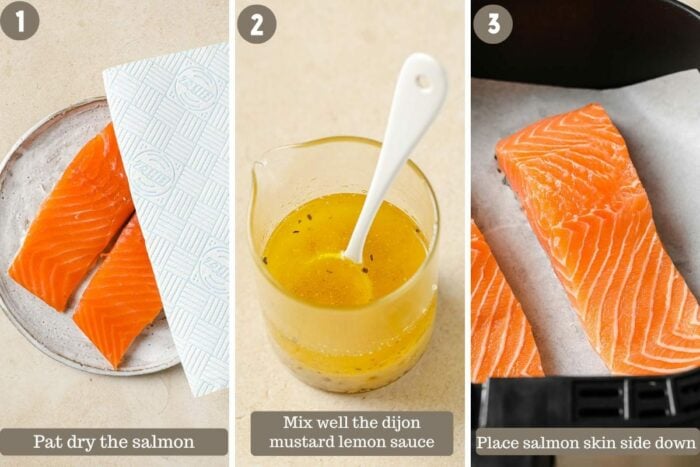 Steps to show preparing the salmon fillets and make the sauce before air frying