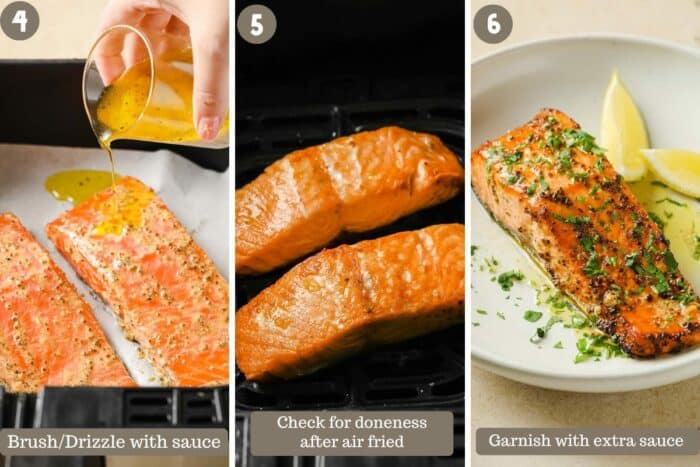 Steps showing how to air fry salmon in an air fryer