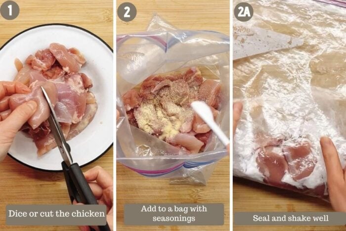 Step shot shows dicing, seasoning, and coating the chicken thighs.