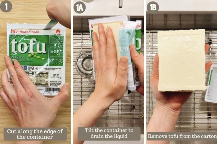 Step shot shows how to open and remove soft tofu from the carton