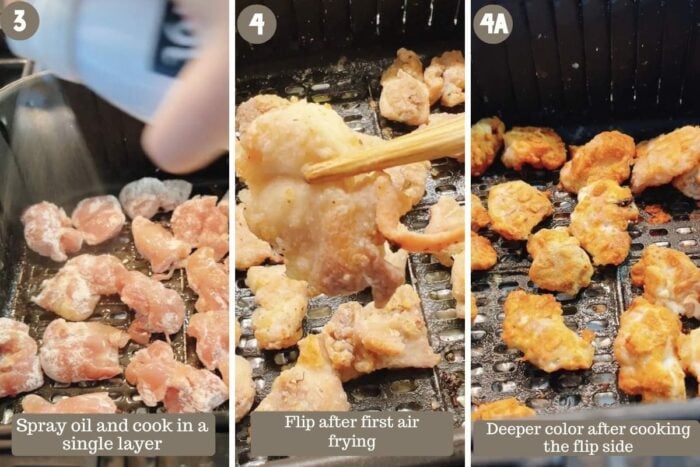 Step shot shows adding the chicken to air fryer and spray with oil then air fried