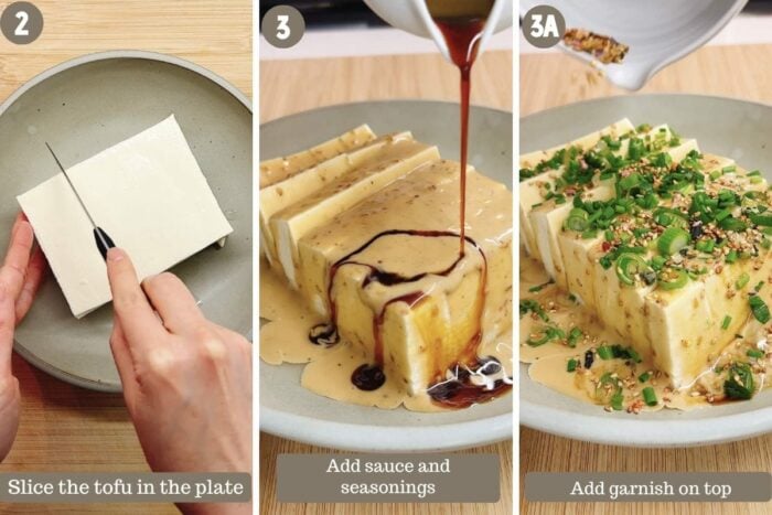 Step shot shows slicing the tofu and add dressing and garnishes on top before serving