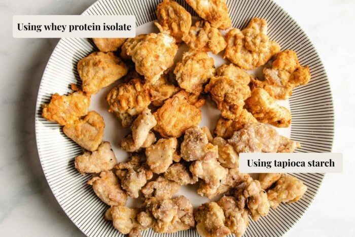 Photo shows 2 comparisons of chicken made in an air fryer with different coatings and results.