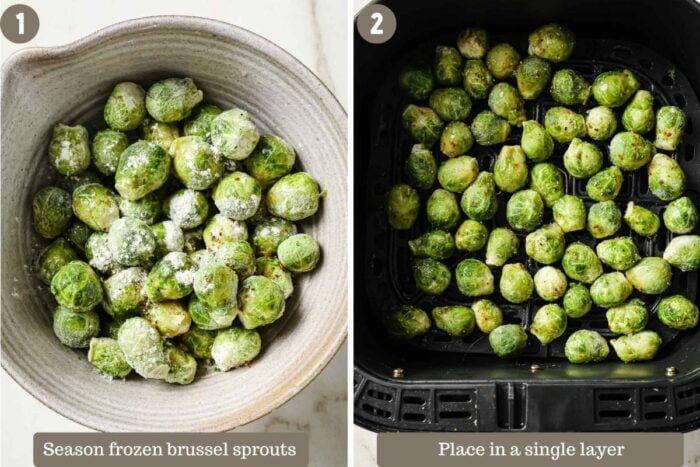 A step shot photo shows seasoning the frozen brussel sprouts in a big white bowl and place them into the air fryer basket in a single layer