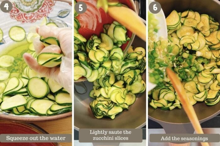 Photo shows squeeze out the zucchini water and lightly stir-fry them with seasonings